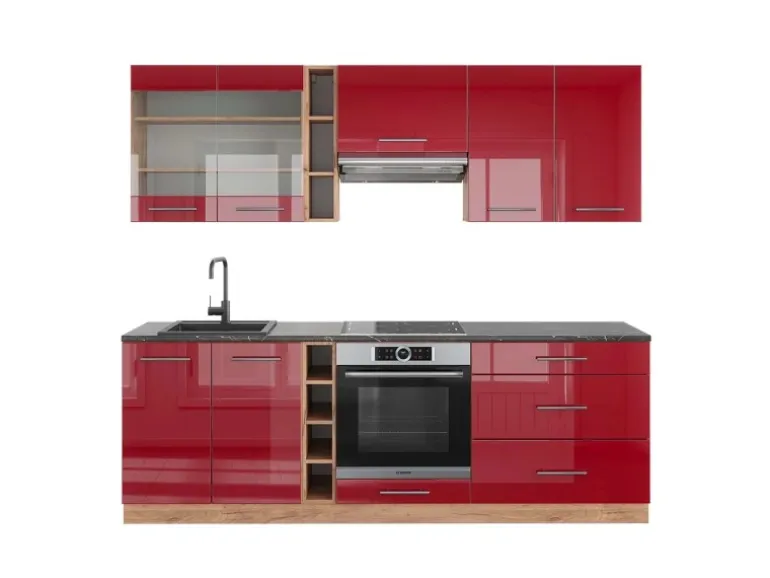 Vicco Fame-Line Küchenzeile Bordeaux Hochglanz/Goldkraft Eiche 235 cm AP Anthrazit ohne E-Geräte