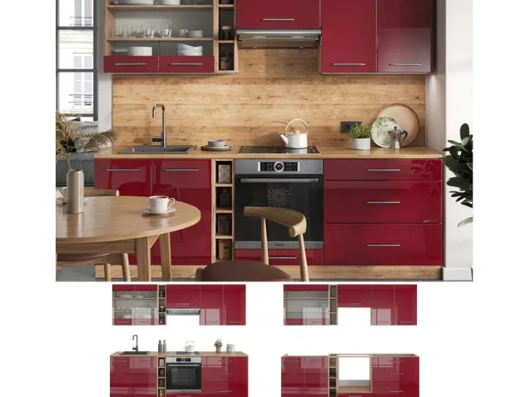 Vicco Fame-Line Küchenzeile Bordeaux Hochglanz/Goldkraft Eiche 235 cm AP Anthrazit ohne E-Geräte