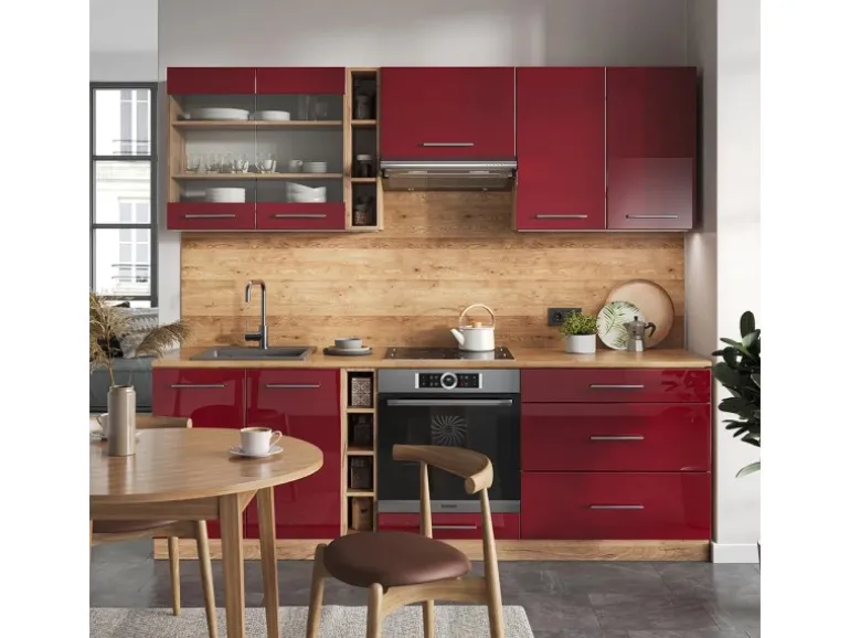 Vicco Fame-Line Küchenzeile Bordeaux Hochglanz/Goldkraft Eiche 235 cm AP Anthrazit ohne E-Geräte