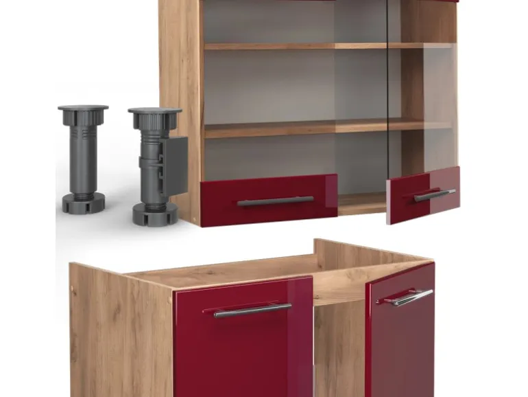Vicco Fame-Line Küchenzeile Bordeaux Hochglanz/Goldkraft Eiche 235 cm AP Anthrazit ohne E-Geräte