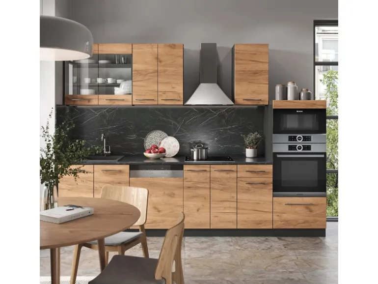 Vicco Fame-Line Küchenzeile Goldkraft Eiche/Anthrazit 300 cm mit HochschrankAP Eiche ohne E-Geräte