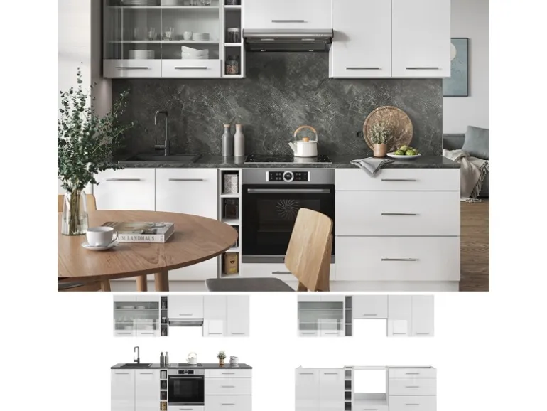 Vicco Fame-Line Küchenzeile Weiß Hochglanz/Weiß 235 cm AP Anthrazit ohne E-Geräte