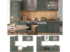 Vicco Fame-Line Küchenzeile Grün-Gold Landhaus/Goldkraft Eiche 300 cm ohne Arbeitsplatte ohne E-Geräte