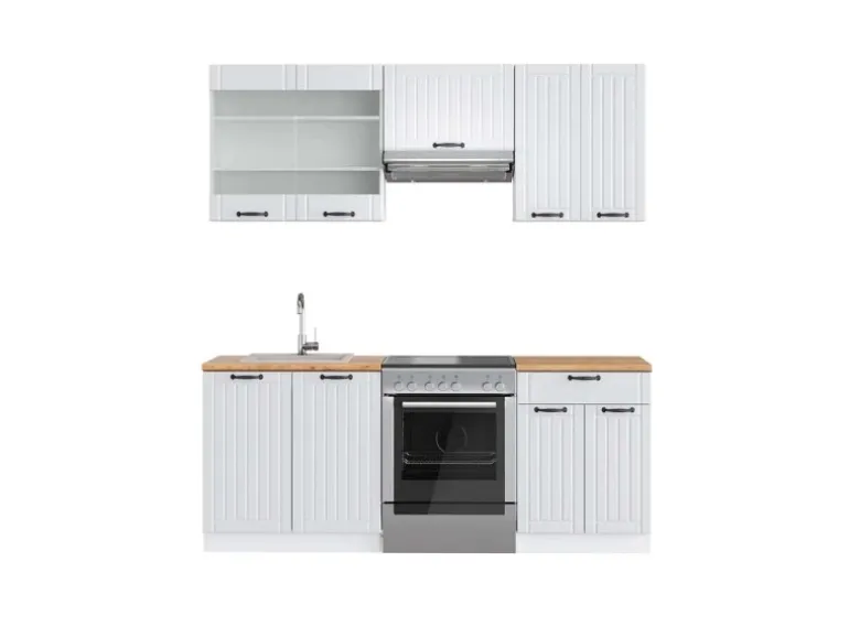 Vicco Fame-Line Küchenzeile Weiß Landhaus/Weiß 200 cm AP Eiche ohne E-Geräte