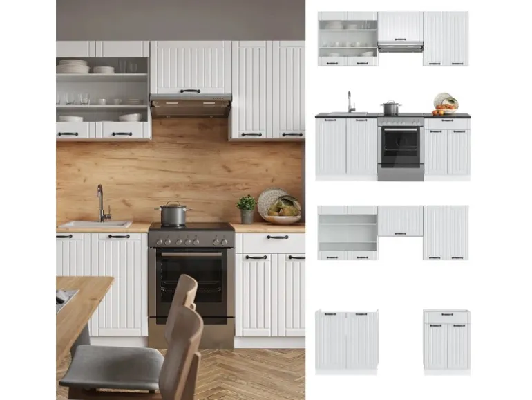 Vicco Fame-Line Küchenzeile Weiß Landhaus/Weiß 200 cm AP Eiche ohne E-Geräte