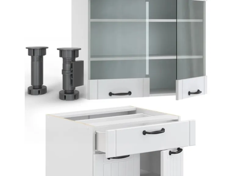 Vicco Fame-Line Küchenzeile Weiß Landhaus/Weiß 200 cm AP Eiche ohne E-Geräte