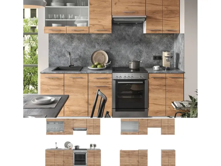 Vicco Fame-Line Küchenzeile Goldkraft Eiche/Weiß 240 cm ohne Arbeitsplatte ohne E-Geräte