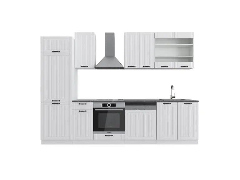 Vicco Fame-Line Küchenzeile Weiß Landhaus/Weiß 300 cm ohne Arbeitsplatte ohne E-Geräte