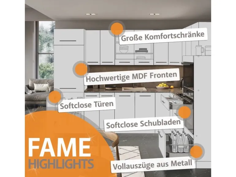 Vicco Fame-Line Küchenzeile Weiß Landhaus/Weiß 300 cm ohne Arbeitsplatte ohne E-Geräte