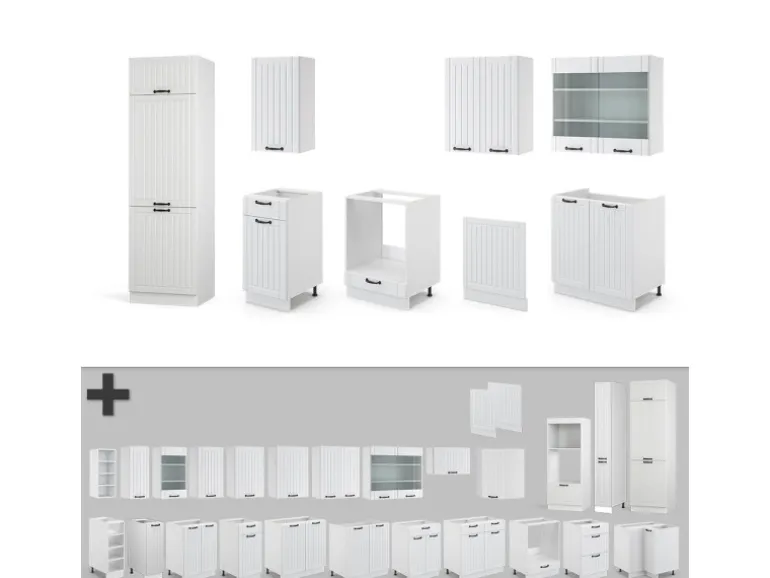 Vicco Fame-Line Küchenzeile Weiß Landhaus/Weiß 300 cm ohne Arbeitsplatte ohne E-Geräte