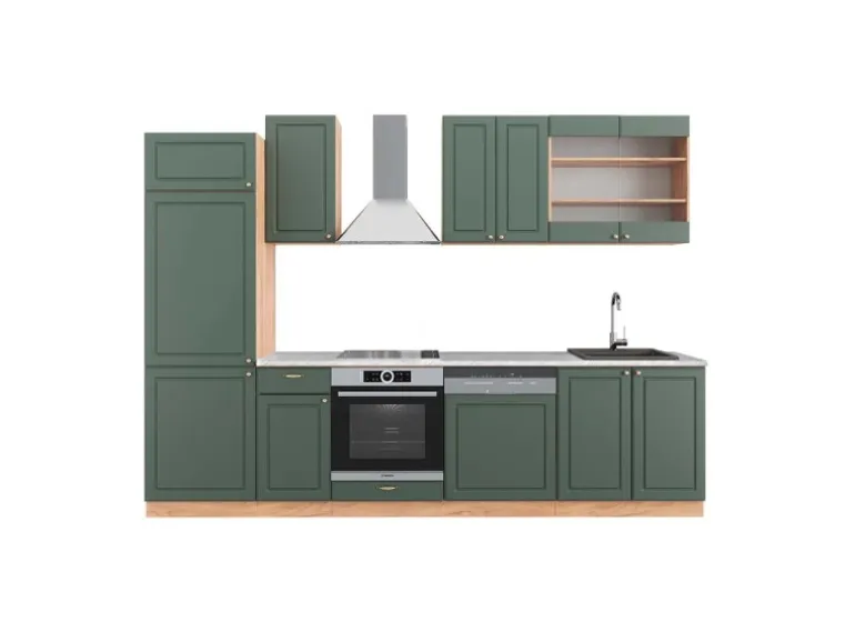 Vicco Fame-Line Küchenzeile Grün-Gold Landhaus/Goldkraft Eiche 300 cm AP Marmor ohne E-Geräte