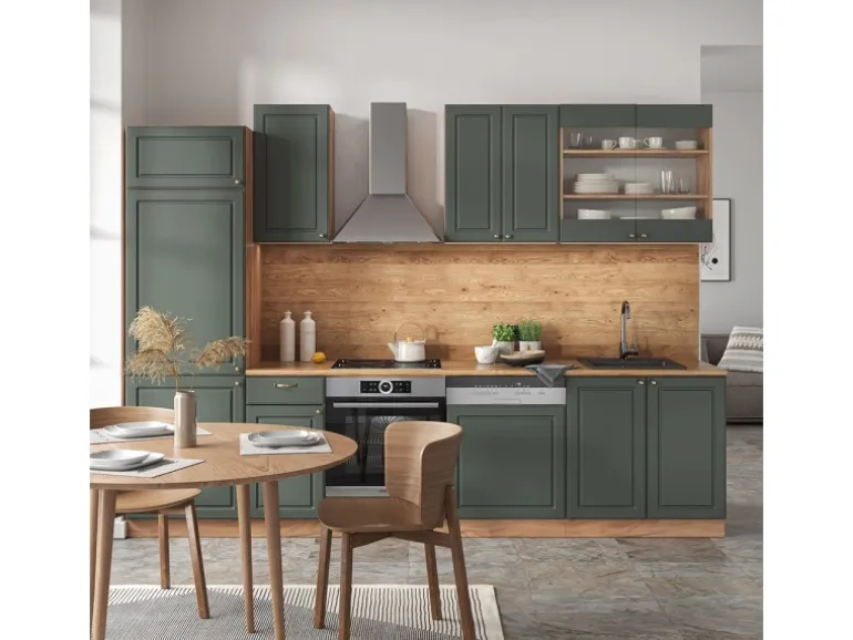 Vicco Fame-Line Küchenzeile Grün-Gold Landhaus/Goldkraft Eiche 300 cm AP Marmor ohne E-Geräte