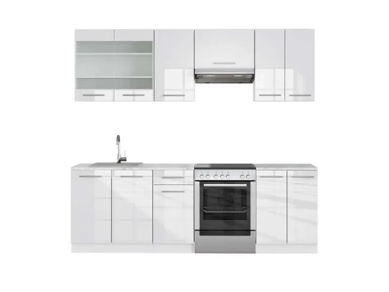 Vicco Fame-Line Küchenzeile Weiß Hochglanz/Weiß 240 cm AP Marmor ohne E-Geräte