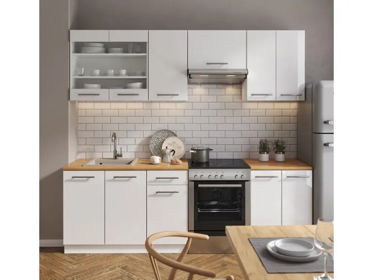 Vicco Fame-Line Küchenzeile Weiß Hochglanz/Weiß 240 cm AP Marmor ohne E-Geräte