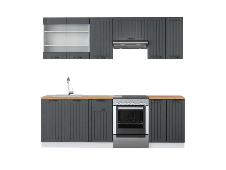 Vicco Fame-Line Küchenzeile Anthrazit Landhaus/Weiß 240 cm AP Eiche ohne E-Geräte