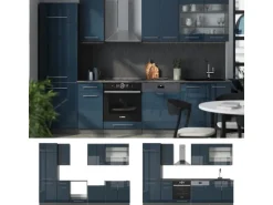 Vicco Fame-Line Küchenzeile Dunkelblau Hochglanz/Anthrazit 300 cm AP Anthrazit ohne E-Geräte