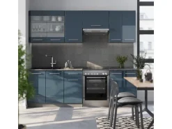 Vicco Fame-Line Küchenzeile Dunkelblau Hochglanz/Anthrazit 240 cm AP Eiche ohne E-Geräte