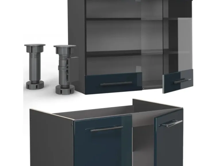 Vicco Fame-Line Küchenzeile Dunkelblau Hochglanz/Anthrazit 240 cm AP Eiche ohne E-Geräte