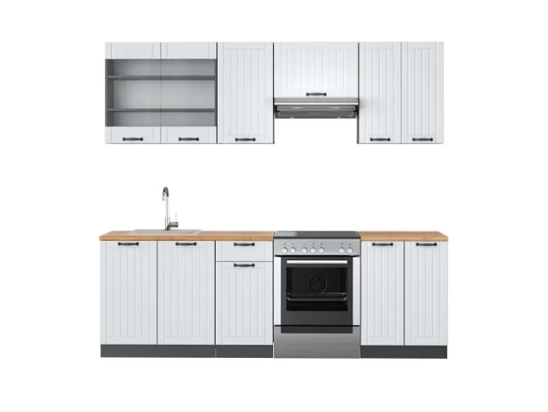 Vicco Fame-Line Küchenzeile Weiß Landhaus/Anthrazit 240 cm AP Eiche ohne E-Geräte
