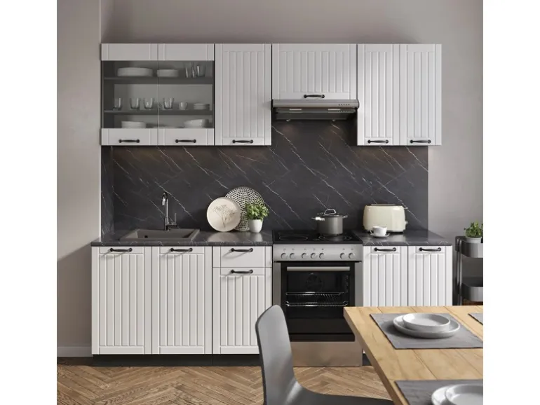 Vicco Fame-Line Küchenzeile Weiß Landhaus/Anthrazit 240 cm AP Eiche ohne E-Geräte