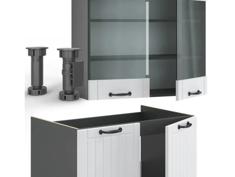 Vicco Fame-Line Küchenzeile Weiß Landhaus/Anthrazit 240 cm AP Eiche ohne E-Geräte