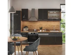Vicco Fame-Line Küchenzeile Anthrazit Hochglanz/Goldkraft Eiche 300 cm AP Marmor ohne E-Geräte