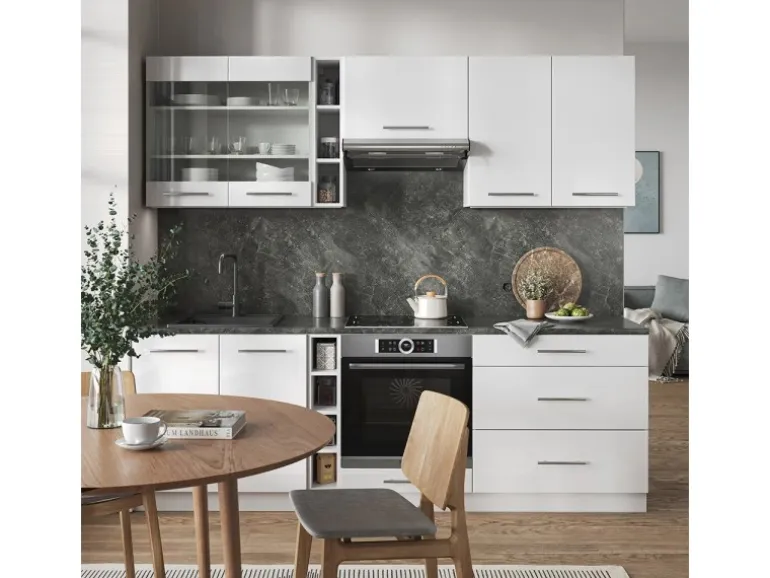 Vicco Fame-Line Küchenzeile Weiß Hochglanz/Weiß 235 cm AP Marmor ohne E-Geräte