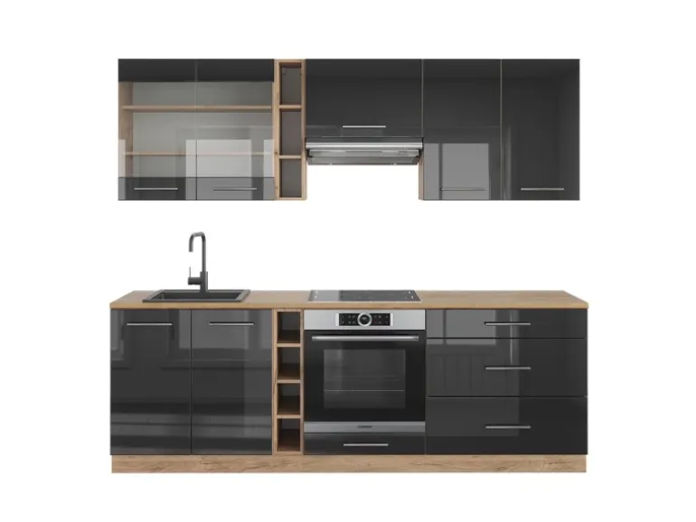 Vicco Fame-Line Küchenzeile Anthrazit Hochglanz/Goldkraft Eiche 235 cm AP Eiche ohne E-Geräte