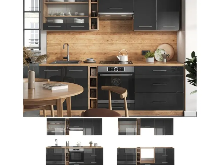 Vicco Fame-Line Küchenzeile Anthrazit Hochglanz/Goldkraft Eiche 235 cm AP Eiche ohne E-Geräte