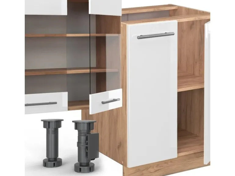 Vicco Fame-Line Küchenzeile Weiß Hochglanz/Goldkraft Eiche 300 cm mit HochschrankAP Marmor ohne E-Geräte