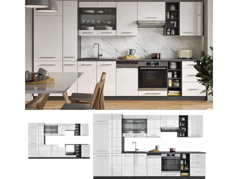 Vicco Fame-Line Küchenzeile Weiß Hochglanz/Anthrazit 355 cm ohne Arbeitsplatte ohne E-Geräte