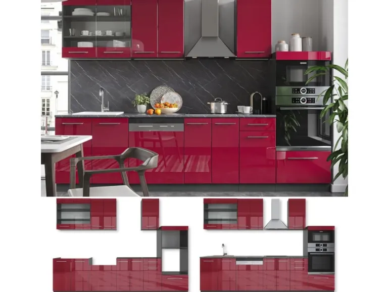 Vicco Fame-Line Küchenzeile Bordeaux Hochglanz/Anthrazit 300 cm mit HochschrankAP Anthrazit ohne E-Geräte
