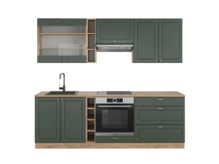 Vicco Fame-Line Küchenzeile Grün-Gold Landhaus/Goldkraft Eiche 235 cm ohne Arbeitsplatte ohne E-Geräte