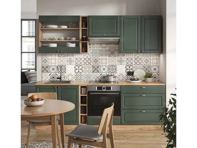 Vicco Fame-Line Küchenzeile Grün-Gold Landhaus/Goldkraft Eiche 235 cm ohne Arbeitsplatte ohne E-Geräte