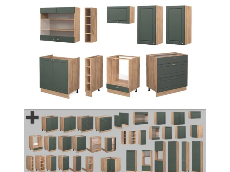 Vicco Fame-Line Küchenzeile Grün-Gold Landhaus/Goldkraft Eiche 235 cm ohne Arbeitsplatte ohne E-Geräte