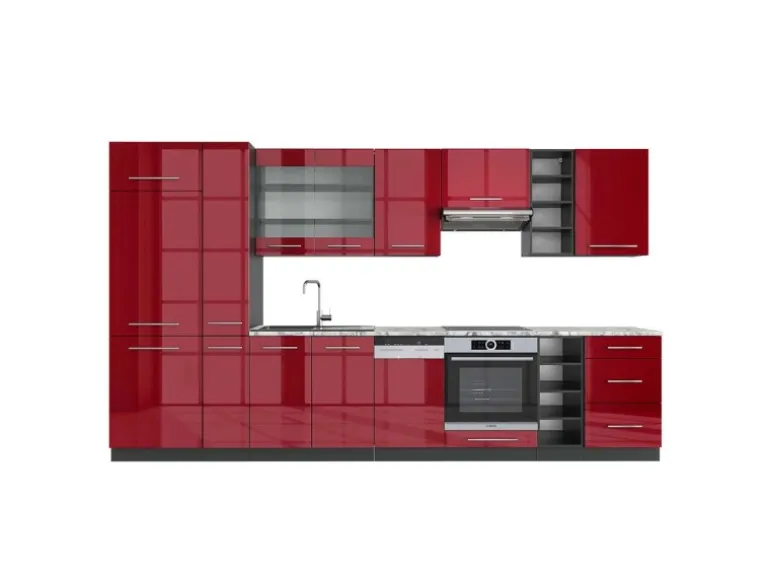 Vicco Fame-Line Küchenzeile Bordeaux Hochglanz/Anthrazit 355 cm AP Marmor ohne E-Geräte