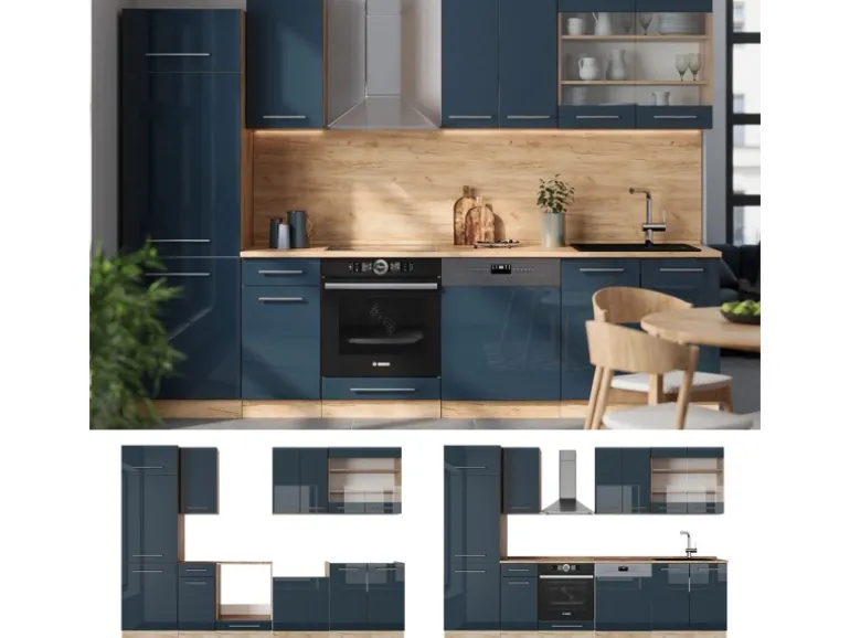 Vicco Fame-Line Küchenzeile Dunkelblau Hochglanz/Goldkraft Eiche 300 cm AP Marmor ohne E-Geräte