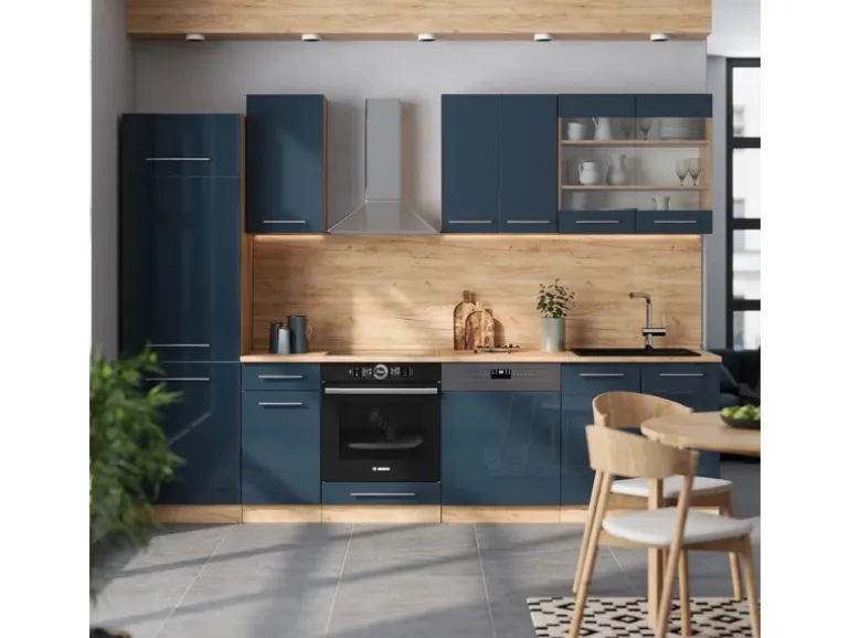 Vicco Fame-Line Küchenzeile Dunkelblau Hochglanz/Goldkraft Eiche 300 cm AP Marmor ohne E-Geräte