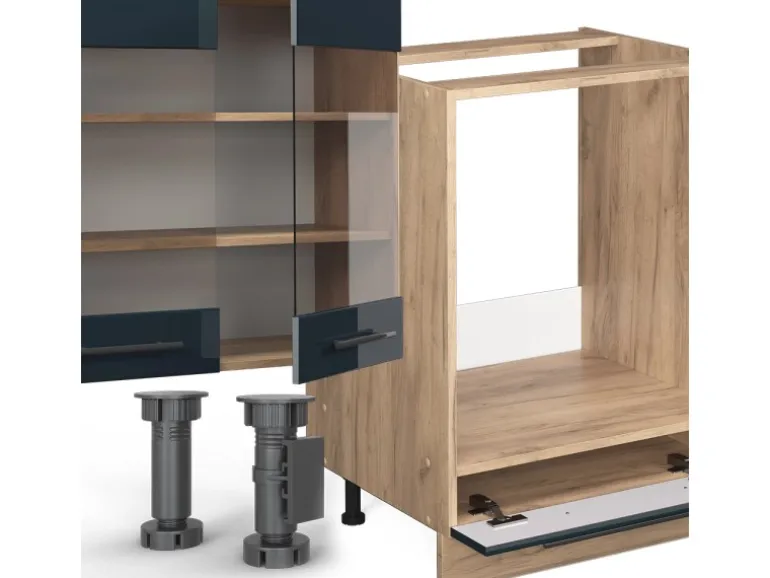 Vicco Fame-Line Küchenzeile Dunkelblau Hochglanz/Goldkraft Eiche 300 cm AP Marmor ohne E-Geräte