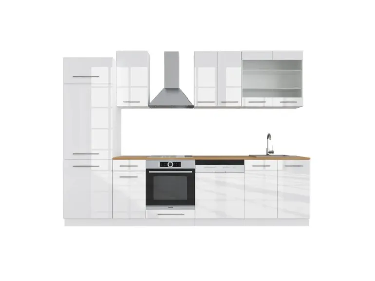 Vicco Fame-Line Küchenzeile Weiß Hochglanz/Weiß 300 cm AP Eiche ohne E-Geräte