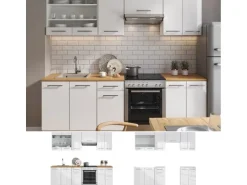 Vicco Fame-Line Küchenzeile Weiß Hochglanz/Weiß 240 cm AP Eiche ohne E-Geräte