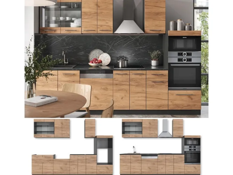 Vicco Fame-Line Küchenzeile Goldkraft Eiche/Anthrazit 300 cm mit HochschrankAP Anthrazit ohne E-Geräte