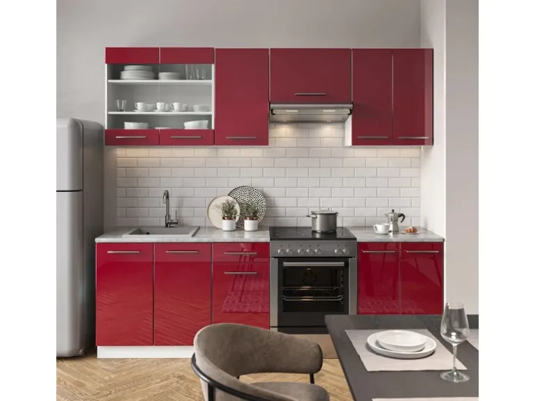 Vicco Fame-Line Küchenzeile Bordeaux Hochglanz/Weiß 240 cm AP Anthrazit ohne E-Geräte