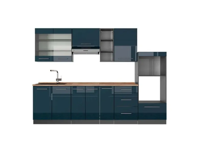 Vicco Fame-Line Küchenzeile Dunkelblau Hochglanz/Anthrazit 280 cm AP Eiche ohne E-Geräte