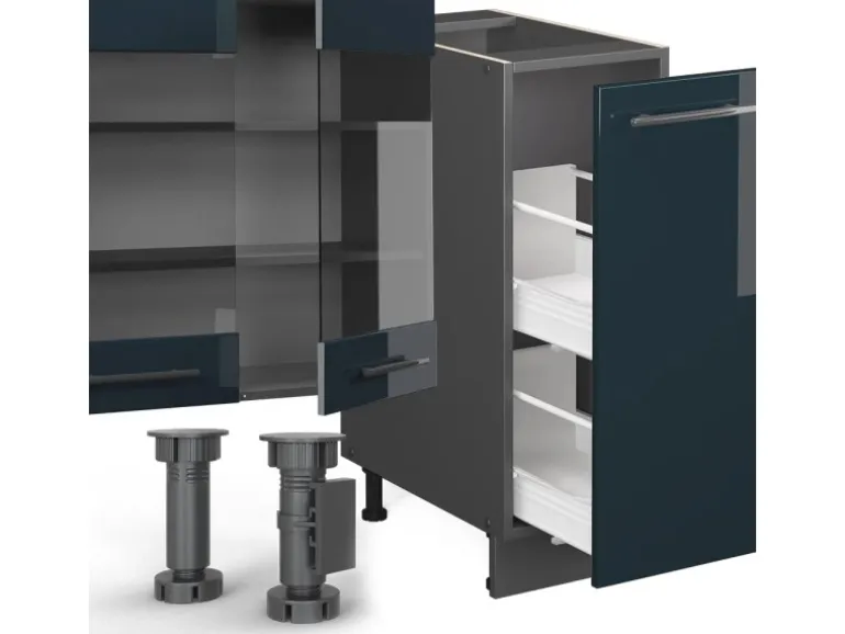 Vicco Fame-Line Küchenzeile Dunkelblau Hochglanz/Anthrazit 280 cm AP Eiche ohne E-Geräte