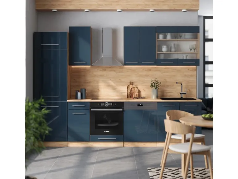 Vicco Fame-Line Küchenzeile Dunkelblau Hochglanz/Goldkraft Eiche 300 cm ohne Arbeitsplatte ohne E-Geräte