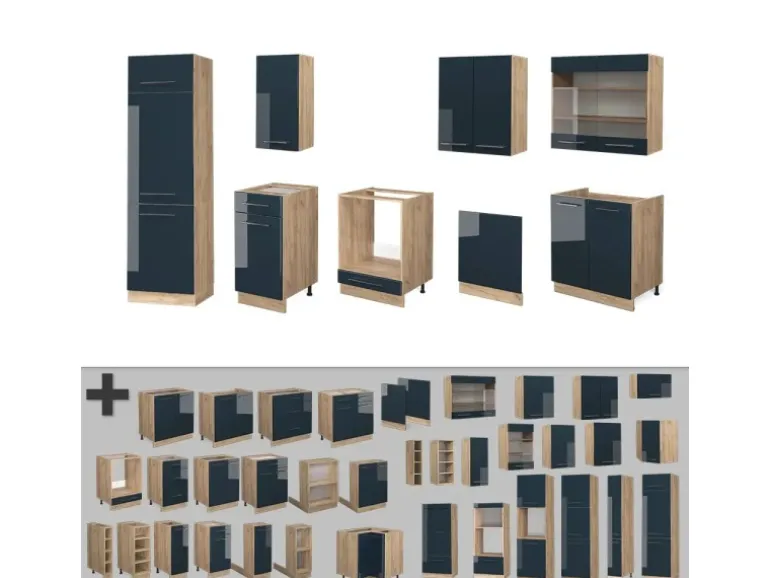 Vicco Fame-Line Küchenzeile Dunkelblau Hochglanz/Goldkraft Eiche 300 cm ohne Arbeitsplatte ohne E-Geräte