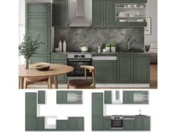 Vicco Fame-Line Küchenzeile Grün-Gold Landhaus/Weiß 300 cm AP Eiche ohne E-Geräte