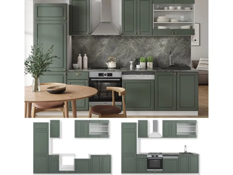 Vicco Fame-Line Küchenzeile Grün-Gold Landhaus/Weiß 300 cm AP Eiche ohne E-Geräte