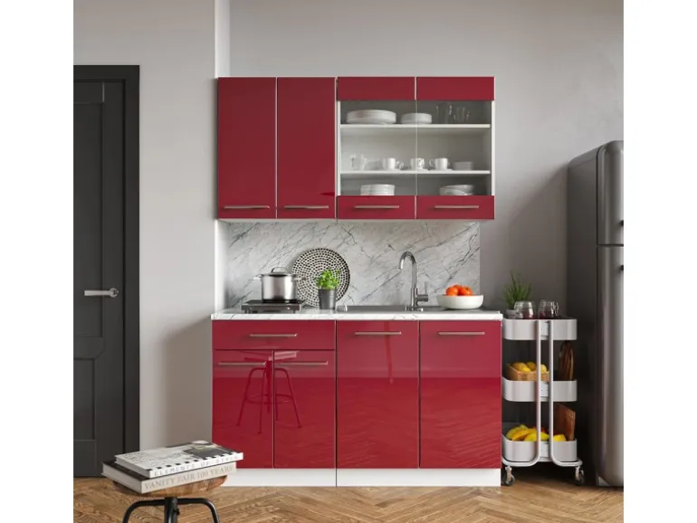 Vicco Fame-Line Singleküche Bordeaux Hochglanz/Weiß 140 cm AP Marmor ohne E-Geräte
